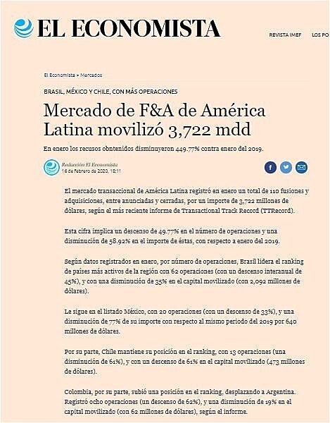 Mercado de F&A de Amrica Latina moviliz 3,722 mdd